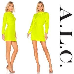 NWT A.L.C. Marin Crepe Neon Yellow Long Sleeve Cowl Neck Dress, Size 2